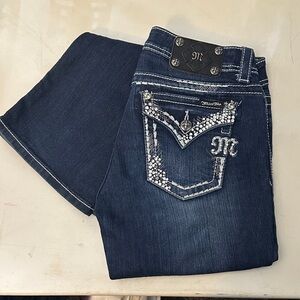 Miss Me Dark Blue Boot Cut Jeans with Silver Embellishments